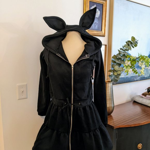 NWT Cosplay Harajuku Black Fleece Skirted Hoodie with Ears - Picture 2 of 9